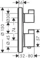 Diagramm eines Thermostat Unterputz, dargestellt in Seitenansicht mit maßen, Anschlüssen und Durchmessern. Produkt von Hansgrohe, geeignet für die Installation in Sanitäranlagen.